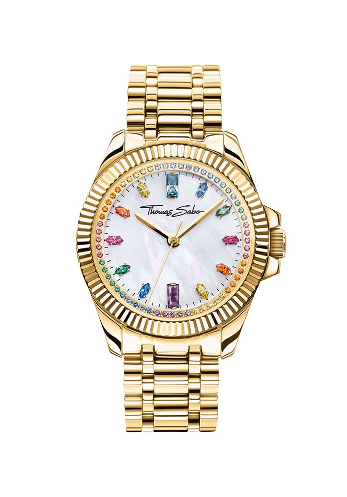 Thomas Sabo Damenuhr Divine Rainbow mit bunten Steinen gelbgoldfarben WA0395-264-207 bei Juwelier am Schloss in Schwetzingen Baden-Württemberg