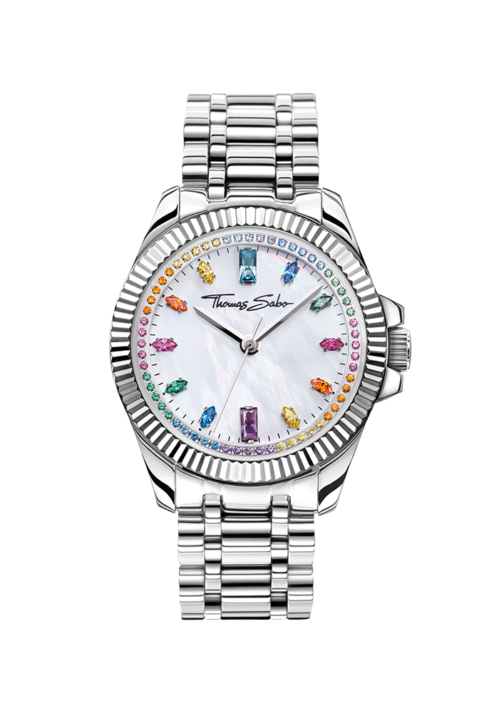 Thomas Sabo Damenuhr Divine Rainbow mit bunten Steinen silberfarben WA0394-201-201 bei Juwelier am Schloss in Schwetzingen Baden-Württemberg