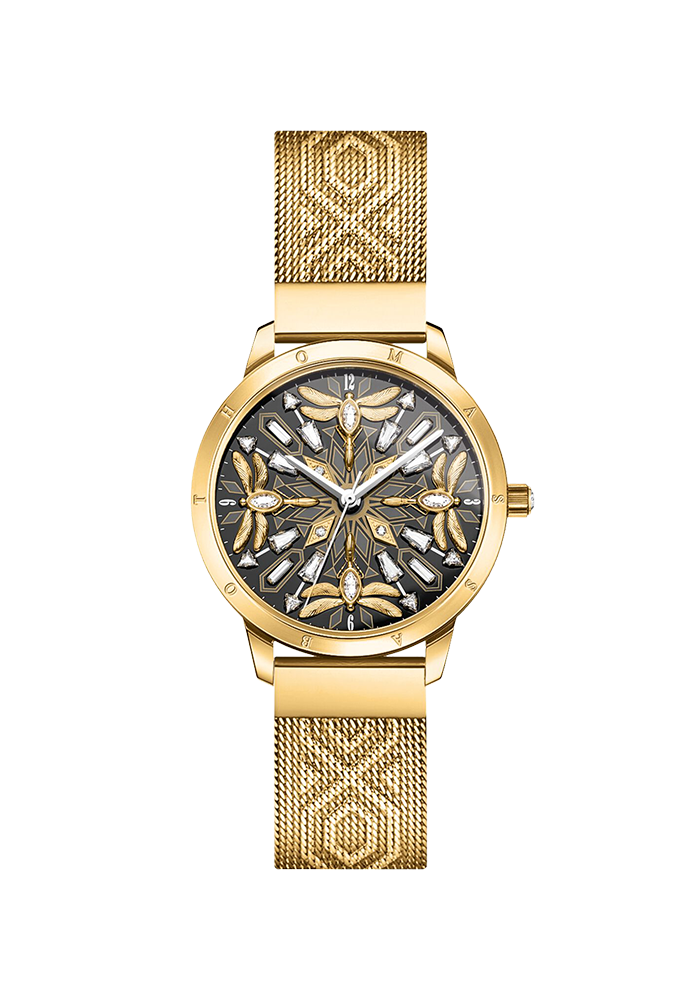 Thomas Sabo Damenuhr mit 33 mm, Libellen und Steinen goldfarben WA0422-264-207 bei Juwelier am Schloss in Schwetzingen Baden-Württemberg