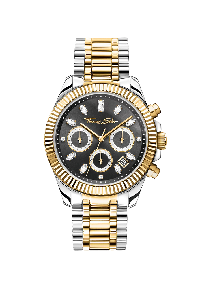 Thomas Sabo Uhr Divine Chrono mit Zifferblatt in Schwarz gelbgoldfarben WA0398-291-201 bei Juwelier am Schloss in Schwetzingen Baden-Württemberg